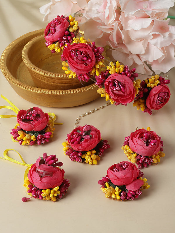 Gold-Plated Pink Floral White Pearls Beaded Haldi & Mehendi Jewellery Set with Maang Tikka & Haathphool