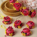 Gold-Plated Pink Floral White Pearls Beaded Haldi & Mehendi Jewellery Set with Maang Tikka & Haathphool