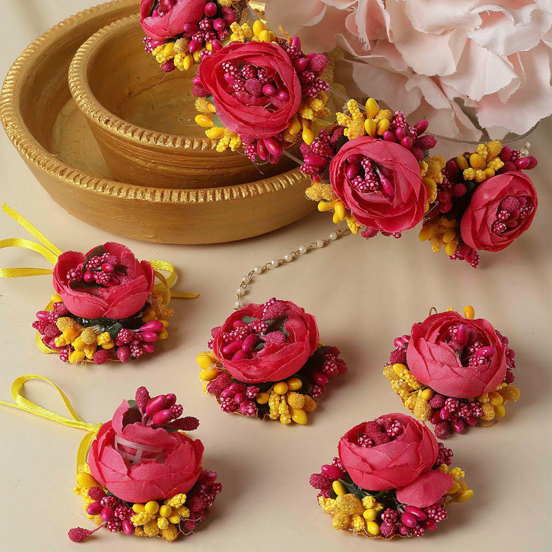 Gold-Plated Pink Floral White Pearls Beaded Haldi & Mehendi Jewellery Set with Maang Tikka & Haathphool