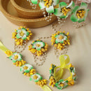 Gold-Plated Green-Yellow Floral White Pearls Beaded Haldi & Mehendi Jewellery Set with Maang Tikka & Haathphool