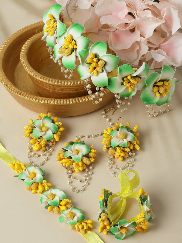 Gold-Plated Green-Yellow Floral White Pearls Beaded Haldi & Mehendi Jewellery Set with Maang Tikka & Haathphool