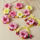 Gold-Plated Pink-Yellow Floral White Pearls Beaded Haldi & Mehendi Jewellery Set with Maang Tikka & Haathphool