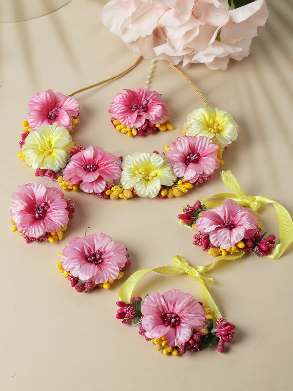 Gold-Plated Pink-Yellow Floral White Pearls Beaded Haldi & Mehendi Jewellery Set with Maang Tikka & Haathphool
