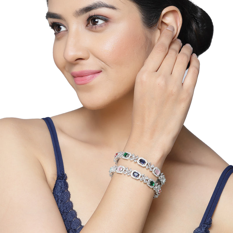 Rhodium-Plated Multi-Colour Square Shape American Diamond Studded Handcrafted Bangles Set of 2