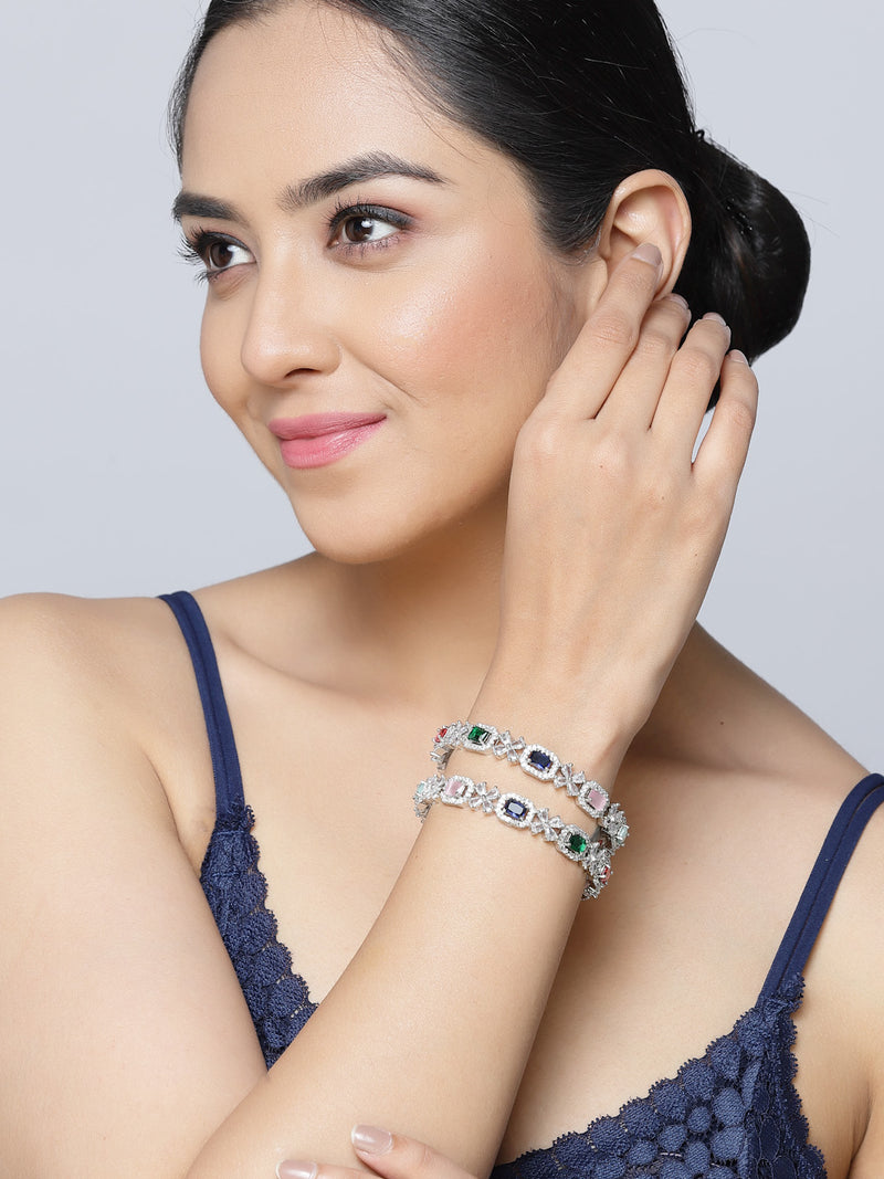 Rhodium-Plated Multi-Colour Square Shape American Diamond Studded Handcrafted Bangles Set of 2