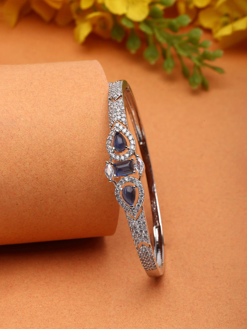 Rhodium-Plated Navy Blue Teardrop & Square Shape American Diamond Studded Kada Bracelet