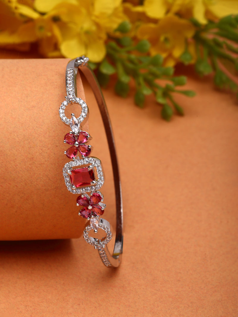 Rhodium-Plated Silver Toned Red American Diamond Studded Kada Bracelet