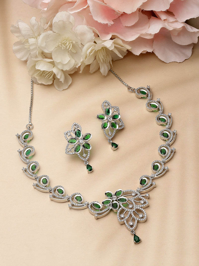 Rhodium-Plated Green American Diamond Studded Floral & Paisley Shaped Necklace with Earrings Jewellery Set