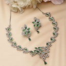 Rhodium-Plated Green American Diamond Studded Floral & Paisley Shaped Necklace with Earrings Jewellery Set
