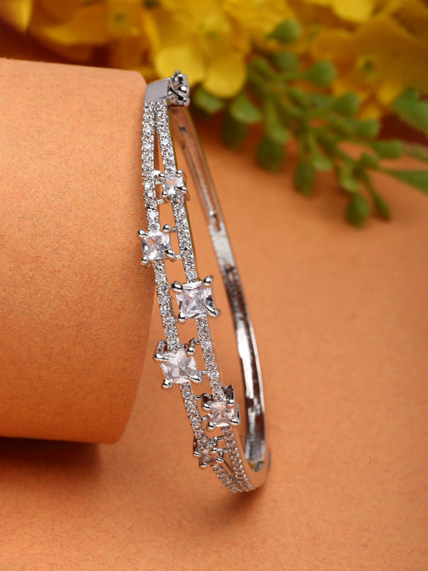 Rhodium-Plated Silver Toned White American Diamond Studded Kada Bracelet