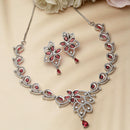 Rhodium-Plated Red American Diamond Studded Floral & Paisley Shaped Necklace with Earrings Jewellery Set