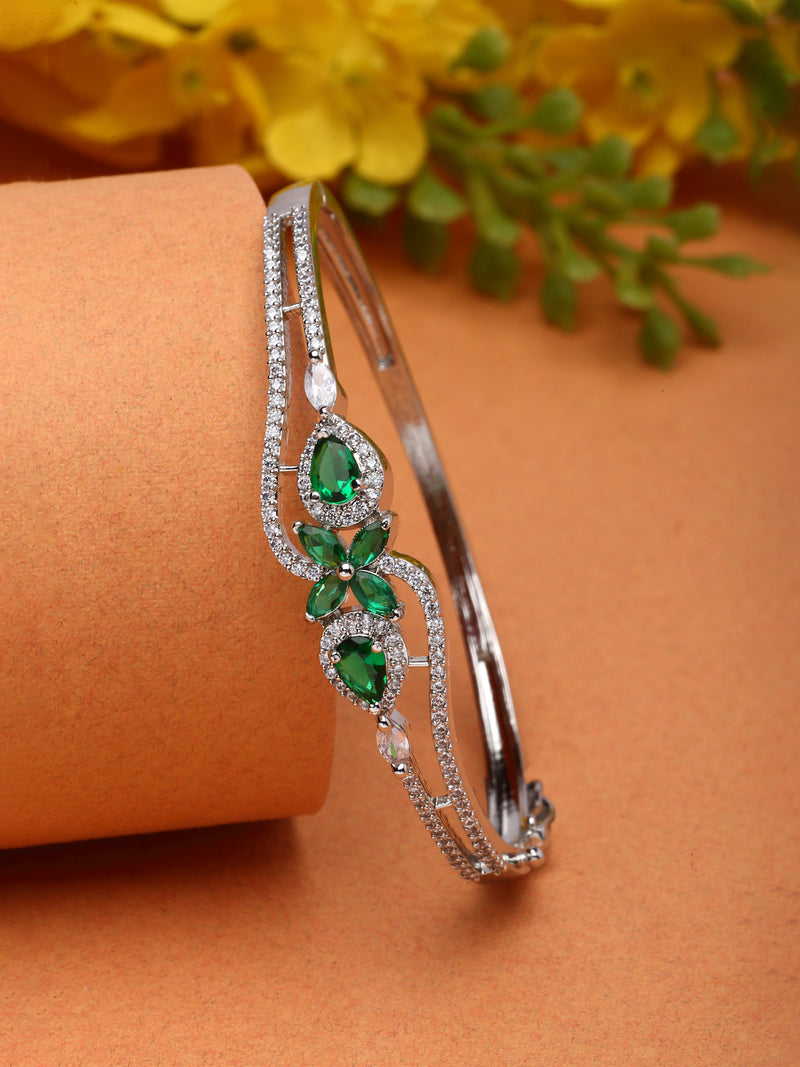 Rhodium-Plated Silver Toned Green American Diamond Studded Kada Bracelet