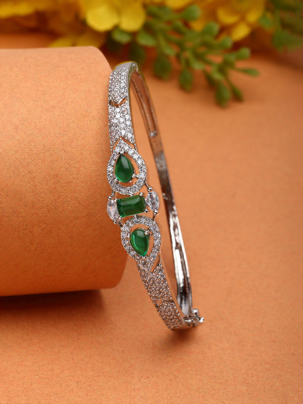 Rhodium-Plated Green Teardrop & Square Shape American Diamond Studded Kada Bracelet