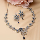 Rhodium-Plated Navy Blue American Diamond Studded Floral & Paisley Shaped Necklace with Earrings Jewellery Set