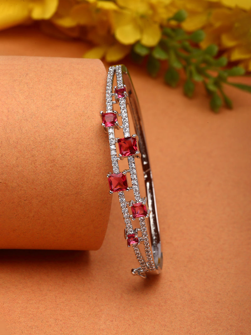 Rhodium-Plated Silver Toned Red American Diamond Studded Kada Bracelet