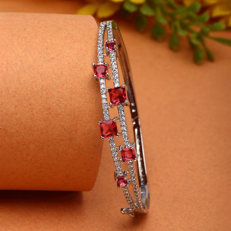 Rhodium-Plated Silver Toned Square Red American Diamond Studded Bracelet