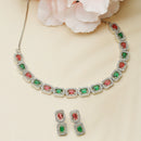 Rhodium-Plated Red & Green American Diamonds Studded Quadrate Shaped Necklace & Earrings Jewellery Set