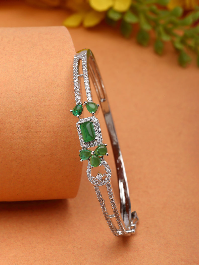 Rhodium-Plated Silver Toned Green American Diamond Studded Kada Bracelet