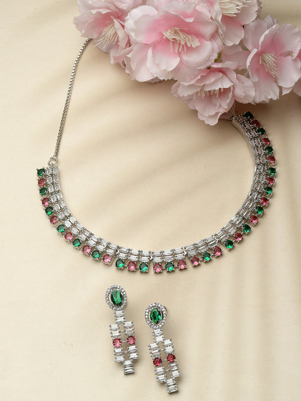 Rhodium-Plated Red & Green Round Shape American Diamonds Studded Necklace & Earrings Jewellery Set