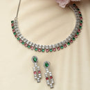 Rhodium-Plated Red & Green Round Shape American Diamonds Studded Necklace & Earrings Jewellery Set