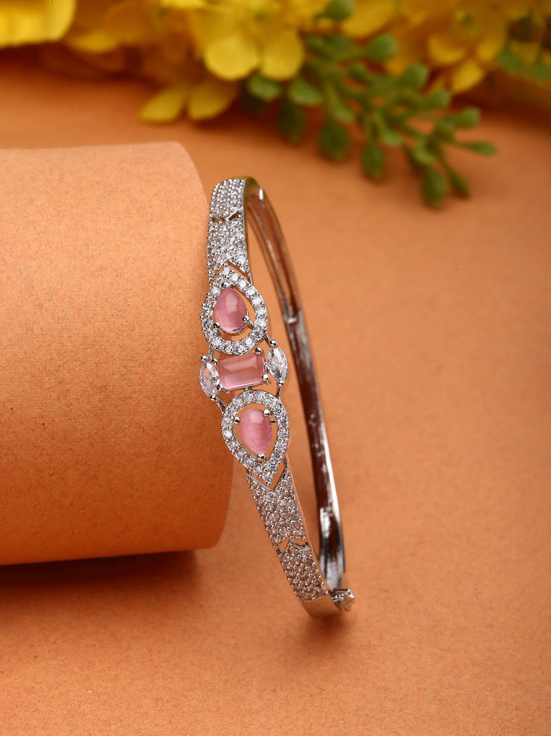 Rhodium-Plated Silver Toned Pink American Diamond Studded Kada Bracelet