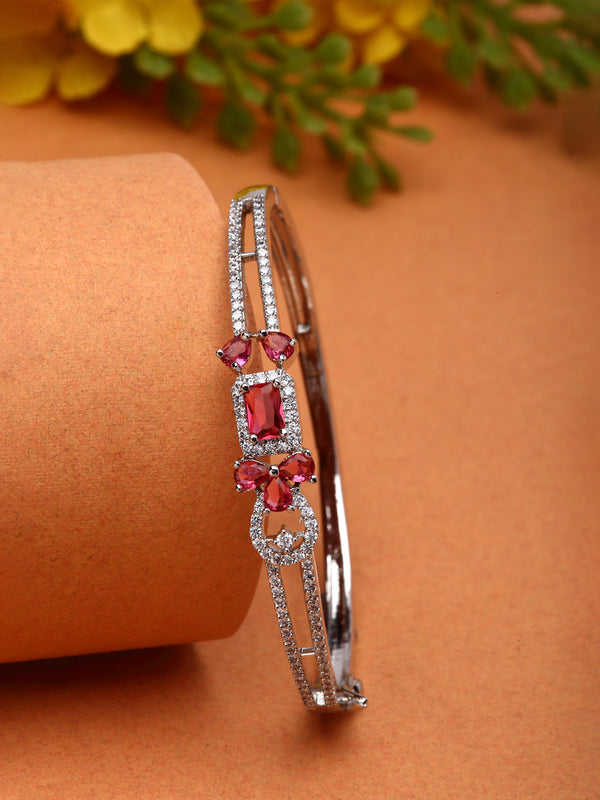 Rhodium-Plated Silver Toned Red American Diamond Studded Kada Bracelet