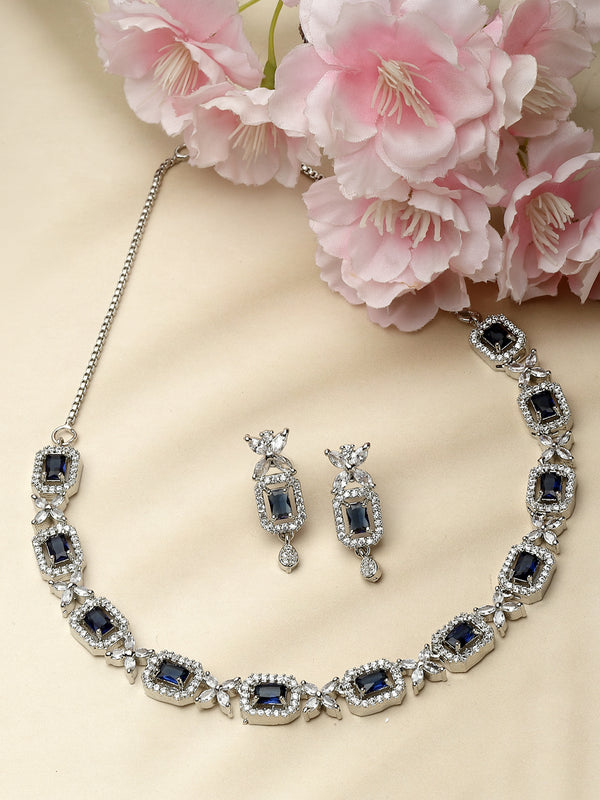 Rhodium-Plated Navy Blue American Diamonds Studded Cubical Necklace & Earrings Jewellery Set