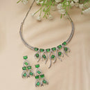 Rhodium-Plated Green American Diamond Studded Contemporary Necklace with Earrings Jewellery Set