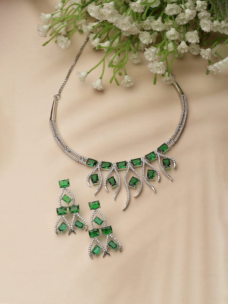 Rhodium-Plated Green American Diamond Studded Contemporary Necklace with Earrings Jewellery Set