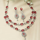 Rhodium-Plated Red American Diamond Studded Abstract Necklace & Earrings Jewellery Set