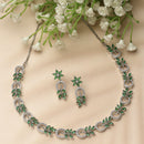 Rhodium-Plated American Diamond Studded Leaf & Circular Shaped Necklace With Earrings Set