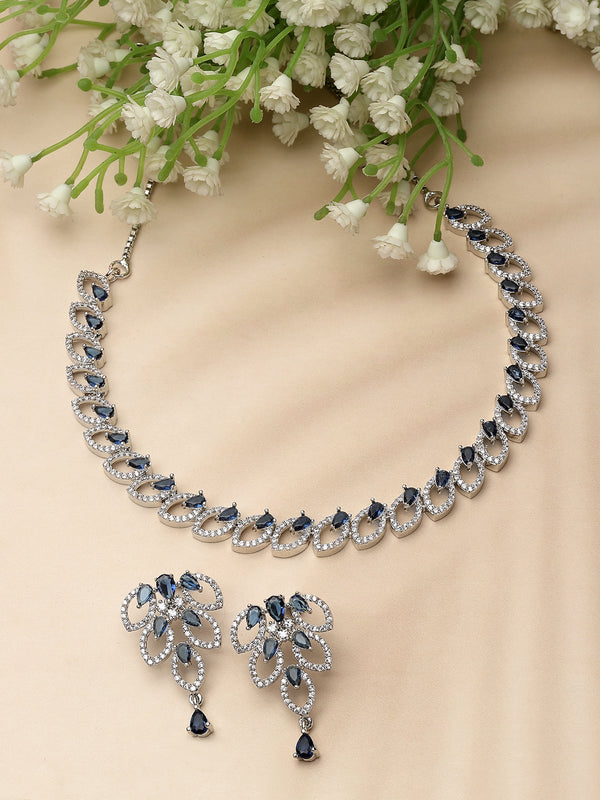 Rhodium-Plated Navy Blue American Diamond Studded Leaf Shaped Necklace with Earrings Jewellery Set