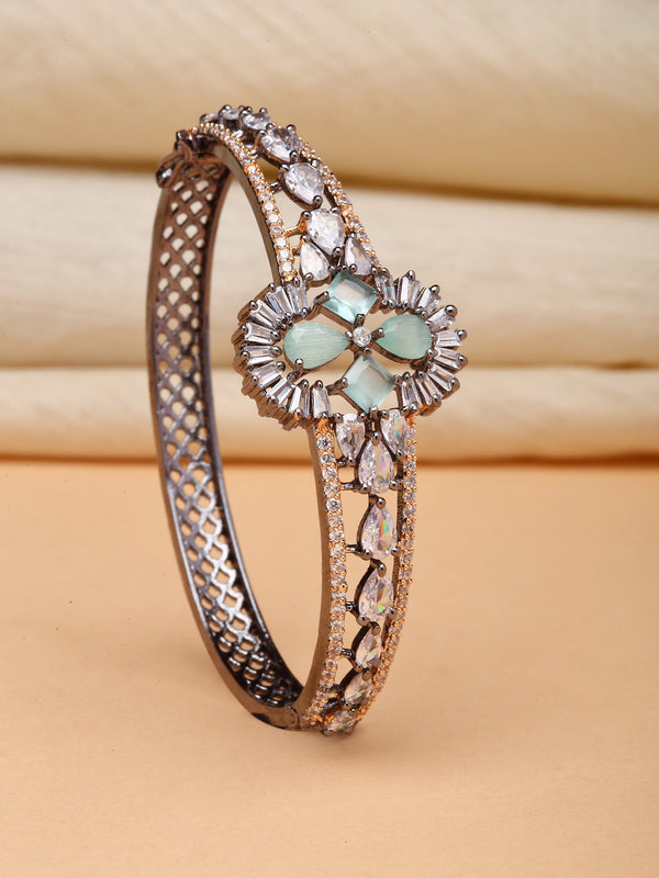 Rose Gold-Plated Gunmetal Toned Sea Green American Diamond Studded Vector Theme Kada Bracelet