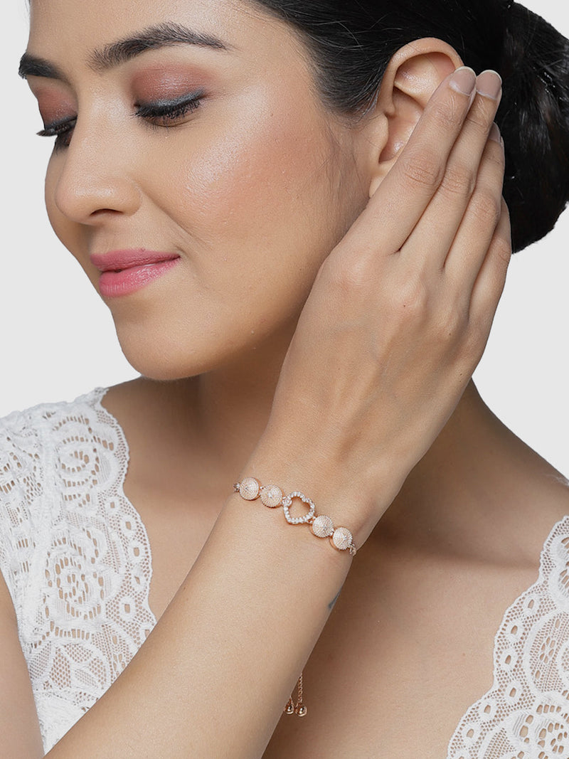 Rose Gold Plated  American Diamond Studded Heart & Floral Charm Adjustable Bracelet Combo Set of 2