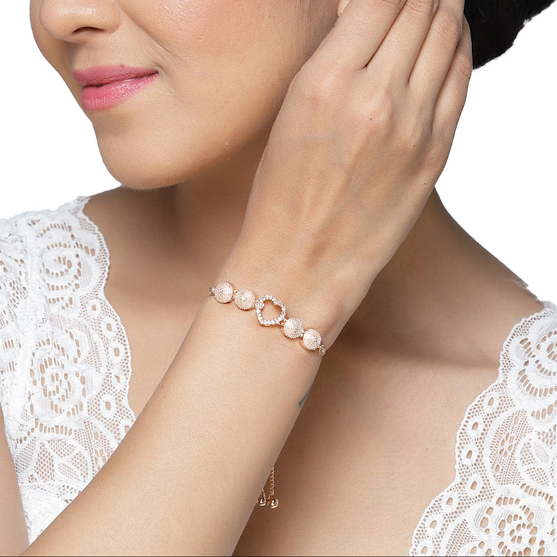 Rose Gold Plated  American Diamond Studded Heart & Floral Charm Adjustable Bracelet Combo Set of 2