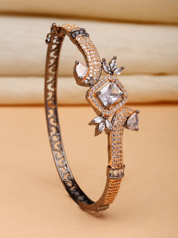 Rose Gold-Plated Gunmetal Toned White American Diamond Studded Kada Bracelet