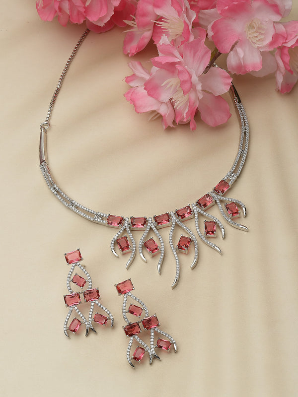 Rhodium-Plated Red American Diamond Studded Contemporary Necklace with Earrings Jewellery Set