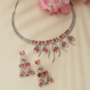 Rhodium-Plated Red American Diamond Studded Contemporary Necklace with Earrings Jewellery Set