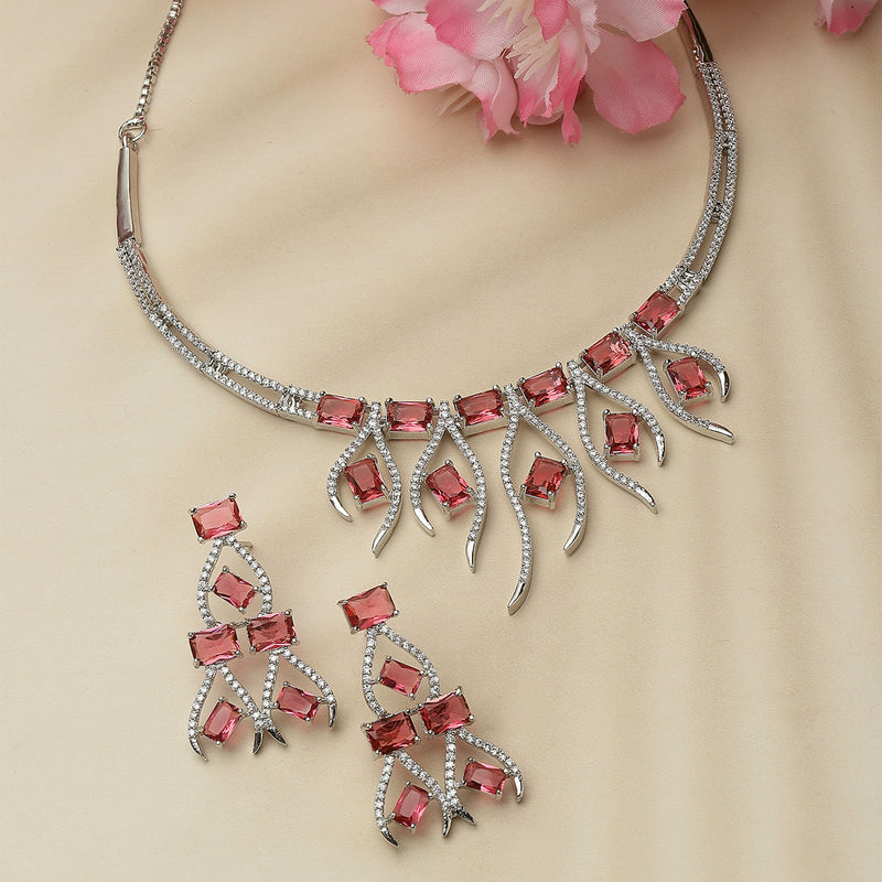 Rhodium-Plated Red American Diamond Studded Contemporary Necklace with Earrings Jewellery Set