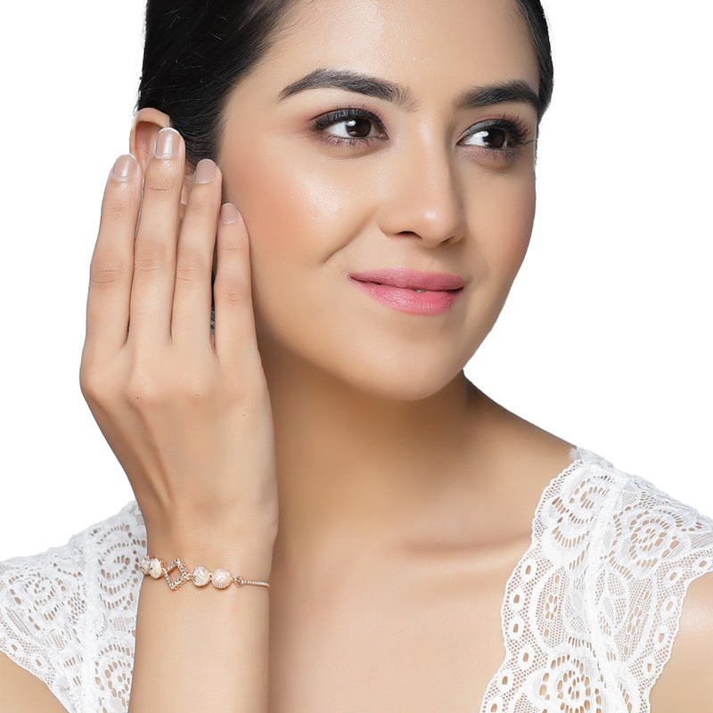 Rose Gold-Plated Square Shaped White American Diamond Studded Link Bracelet