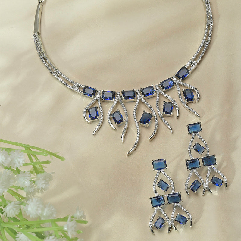 Rhodium-Plated Navy Blue American Diamond Studded Contemporary Necklace with Earrings