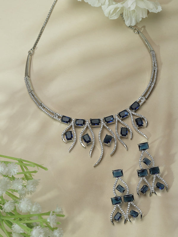 Rhodium-Plated Navy Blue American Diamond Studded Contemporary Necklace with Earrings
