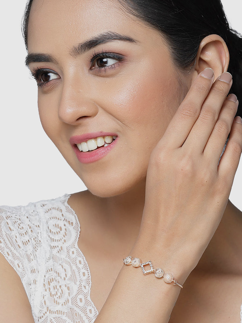 Rose Gold Plated American Diamond Studded Round & Squared Charm Adjustable Bracelet Combo Set of 2