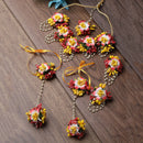Gold-Plated Multi-Colour Floral White Pearls Beaded Haldi & Mehendi Jewellery Set with Maang Tikka & Haathphool Ring