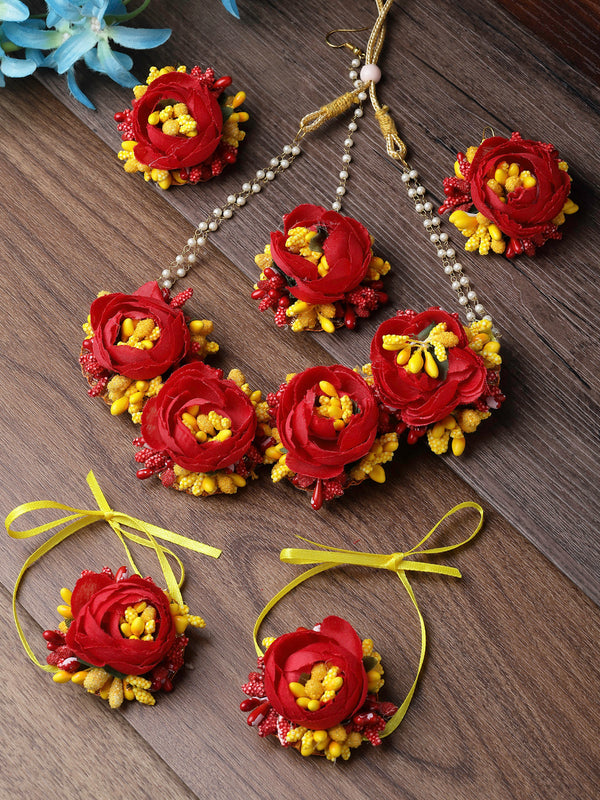 Gold-Plated Red-Yellow Floral White Pearls Beaded Haldi & Mehendi Jewellery Set with Maang Tikka & Haathphool