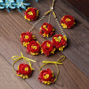 Gold-Plated Red-Yellow Floral White Pearls Beaded Haldi & Mehendi Jewellery Set with Maang Tikka & Haathphool