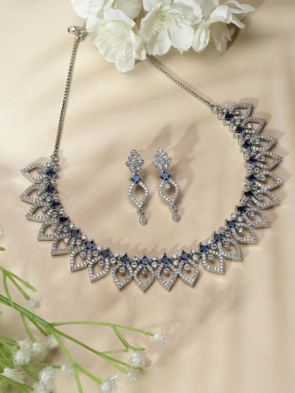 Rhodium-Plated Navy Blue American Diamond Studded Floral & Leaf Shaped Necklace with Earrings Jewellery Set