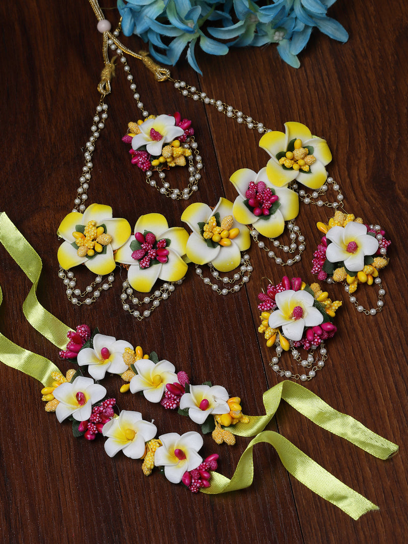 Gold-Plated Pink-White-Yellow Floral White Pearls Beaded Haldi & Mehendi Jewellery Set with Maang Tikka & Haathphool