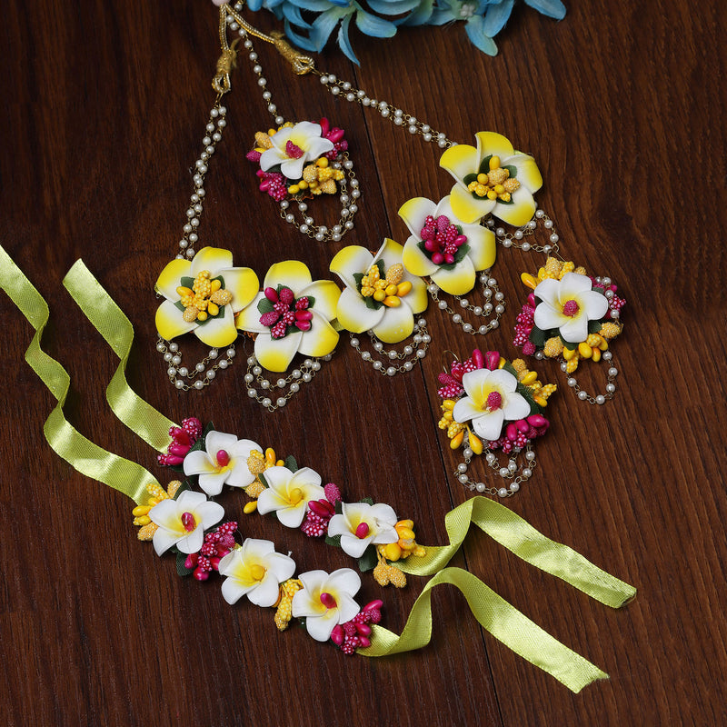 Gold-Plated Pink-White-Yellow Floral White Pearls Beaded Haldi & Mehendi Jewellery Set with Maang Tikka & Haathphool