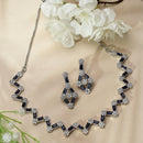 Rhodium-Plated Navy Blue American Diamond Studded Necklace With Earrings Jewellery Set